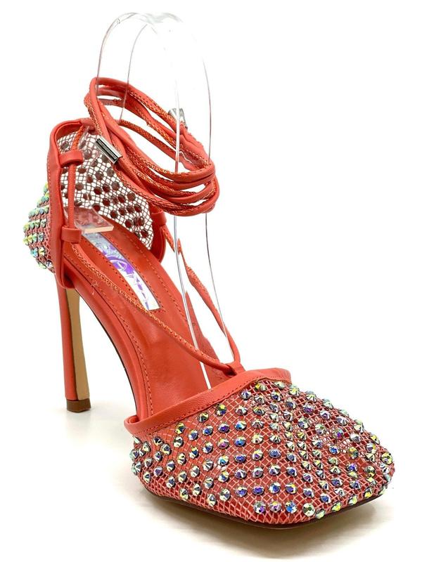 Women SQUARE TOE MESH LACE UP STRAPPY SANDALS RHINESTONE Shoe