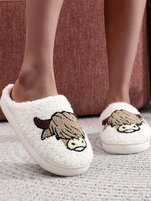 Women's Cute Cartoon Cow Pattern Embroidered Plush Slippers, Casual Soft Comfortable Home Slippers, Warm Slippers for Indoor & Outdoor Use for All Seasons