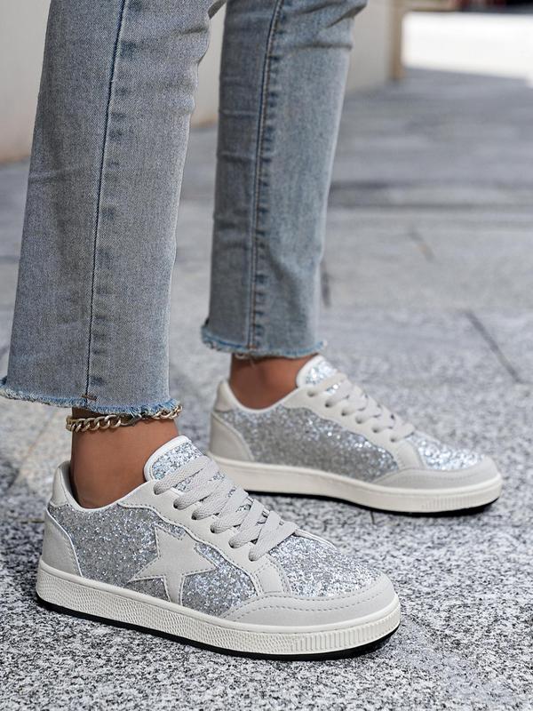 Women's Fashionable Star Pattern Sequin Design Lace Up Low Top Sneakers, Fall Casual Comfortable Round Toe Shoes for Women, Female Casual Sneakers for Daily Wear, for Fall Fall Shoes