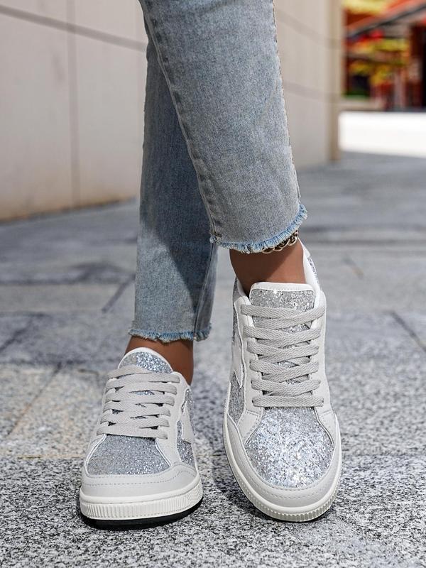 Women's Fashionable Star Pattern Sequin Design Lace Up Low Top Sneakers, Fall Casual Comfortable Round Toe Shoes for Women, Female Casual Sneakers for Daily Wear, for Fall Fall Shoes