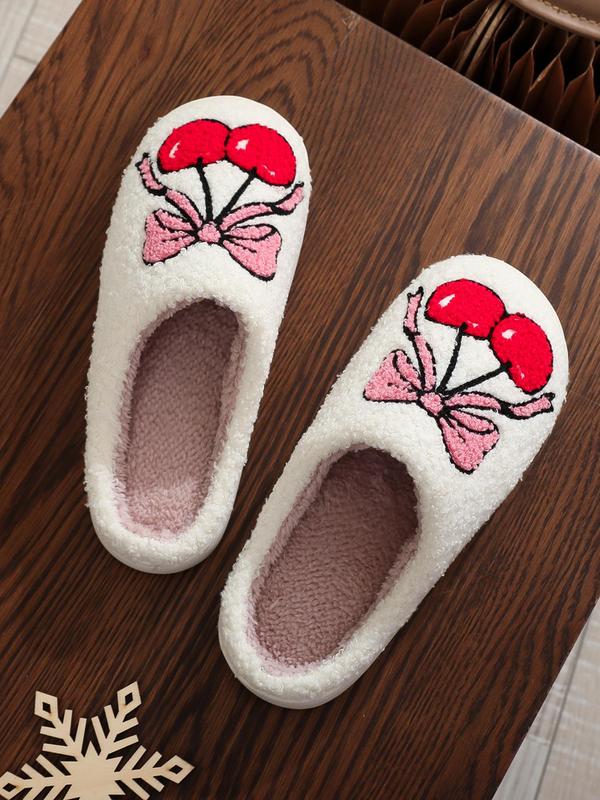 Women's Cute Bow & Cherry Pattern Plush Slippers, Casual Soft Comfortable Home Slippers, Warm Slippers for Indoor & Outdoor Use for Fall & Winter