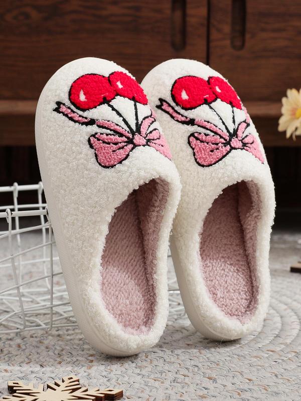 Women's Cute Bow & Cherry Pattern Plush Slippers, Casual Soft Comfortable Home Slippers, Warm Slippers for Indoor & Outdoor Use for Fall & Winter