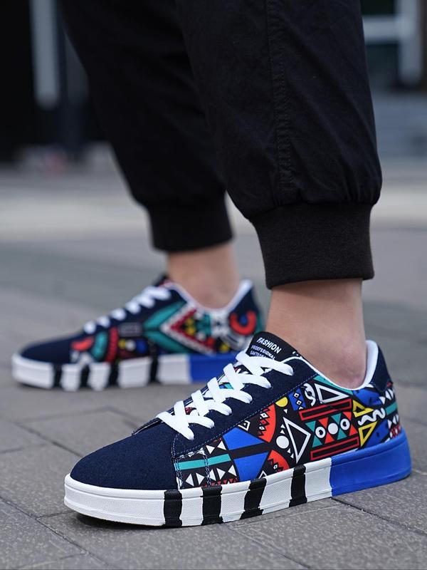 Geometric Pattern Low Top Mens Sneakers, Designer Sneakers, Casual Patchwork Design Lace Up Platform Sneakers, Platform All-match Shoes for Men for Daily Footwear for Fall Outfits & Fall Freshness, Grunge Shoes