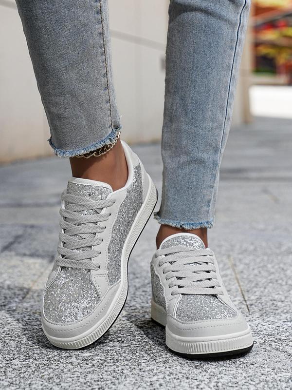 Women's Fashionable Star Pattern Sequin Design Lace Up Low Top Sneakers, Fall Casual Comfortable Round Toe Shoes for Women, Female Casual Sneakers for Daily Wear, for Fall Fall Shoes