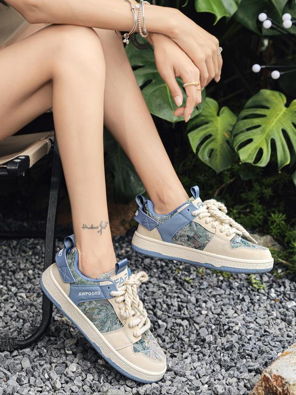 Women's Fashion Colorblock Letter Patchwork Design Low Top Sneakers,  Casual Comfortable Round Toe Lace Up Skate Shoes for Daily Wear for Women