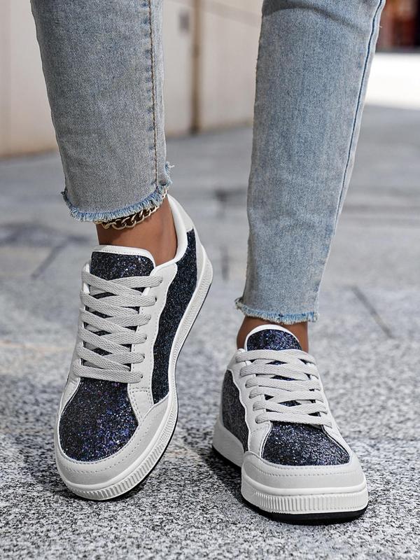 Women's Fashionable Star Pattern Sequin Design Lace Up Low Top Sneakers, Fall Casual Comfortable Round Toe Shoes for Women, Female Casual Sneakers for Daily Wear, for Fall Fall Shoes