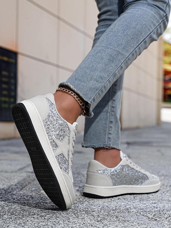 Women's Fashionable Star Pattern Sequin Design Lace Up Low Top Sneakers, Fall Casual Comfortable Round Toe Shoes for Women, Female Casual Sneakers for Daily Wear, for Fall Fall Shoes