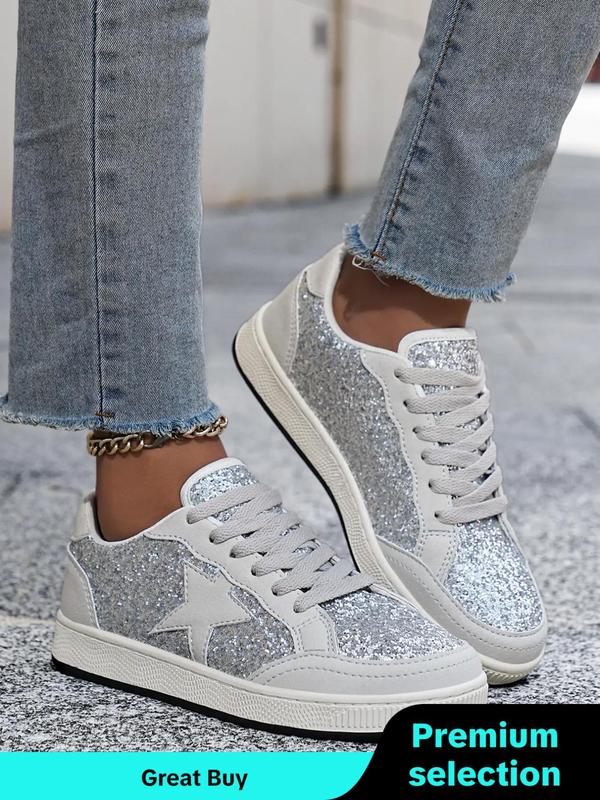 Women's Fashionable Star Pattern Sequin Design Lace Up Low Top Sneakers, Fall Casual Comfortable Round Toe Shoes for Women, Female Casual Sneakers for Daily Wear, for Fall Fall Shoes