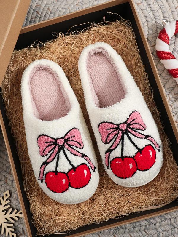 Women's Cute Bow & Cherry Pattern Plush Slippers, Casual Soft Comfortable Home Slippers, Warm Slippers for Indoor & Outdoor Use for Fall & Winter