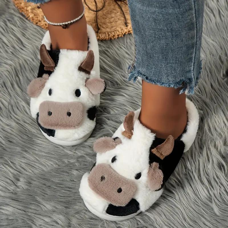 Slippers for Women,Cute Cow Fuzzy Novelty Slippers, Cozy & Warm Closed Toe Home Slippers, Comfortable Plush Bedroom Shoes