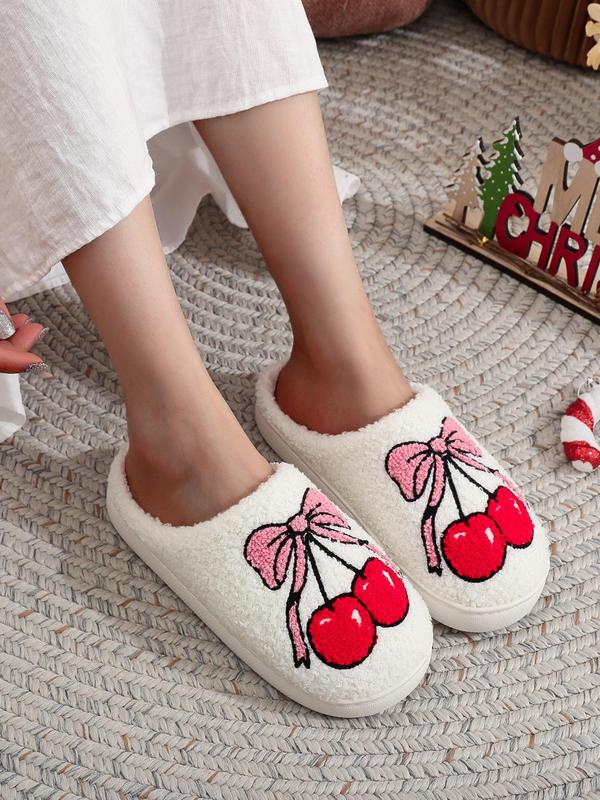 Women's Cute Bow & Cherry Pattern Plush Slippers, Casual Soft Comfortable Home Slippers, Warm Slippers for Indoor & Outdoor Use for Fall & Winter