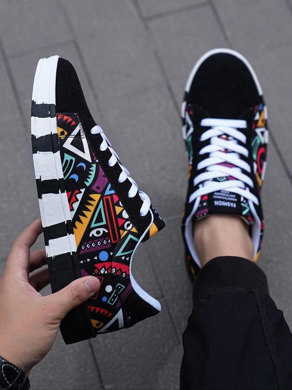 Geometric Pattern Low Top Mens Sneakers, Designer Sneakers, Casual Patchwork Design Lace Up Platform Sneakers, Platform All-match Shoes for Men for Daily Footwear for Fall Outfits & Fall Freshness, Grunge Shoes