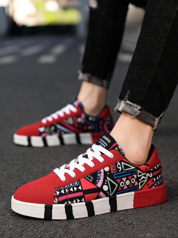 Geometric Pattern Low Top Mens Sneakers, Designer Sneakers, Casual Patchwork Design Lace Up Platform Sneakers, Platform All-match Shoes for Men for Daily Footwear for Fall Outfits & Fall Freshness, Grunge Shoes