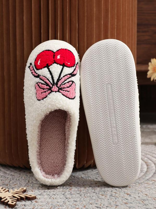 Women's Cute Bow & Cherry Pattern Plush Slippers, Casual Soft Comfortable Home Slippers, Warm Slippers for Indoor & Outdoor Use for Fall & Winter