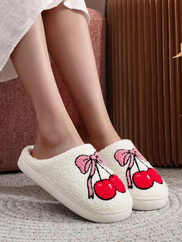 Women's Cute Bow & Cherry Pattern Plush Slippers, Casual Soft Comfortable Home Slippers, Warm Slippers for Indoor & Outdoor Use for Fall & Winter