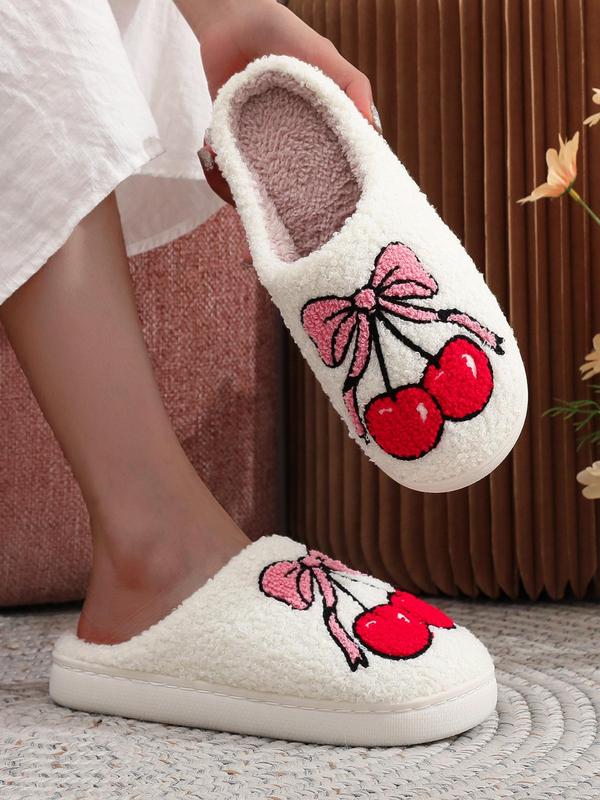 Women's Cute Bow & Cherry Pattern Plush Slippers, Casual Soft Comfortable Home Slippers, Warm Slippers for Indoor & Outdoor Use for Fall & Winter