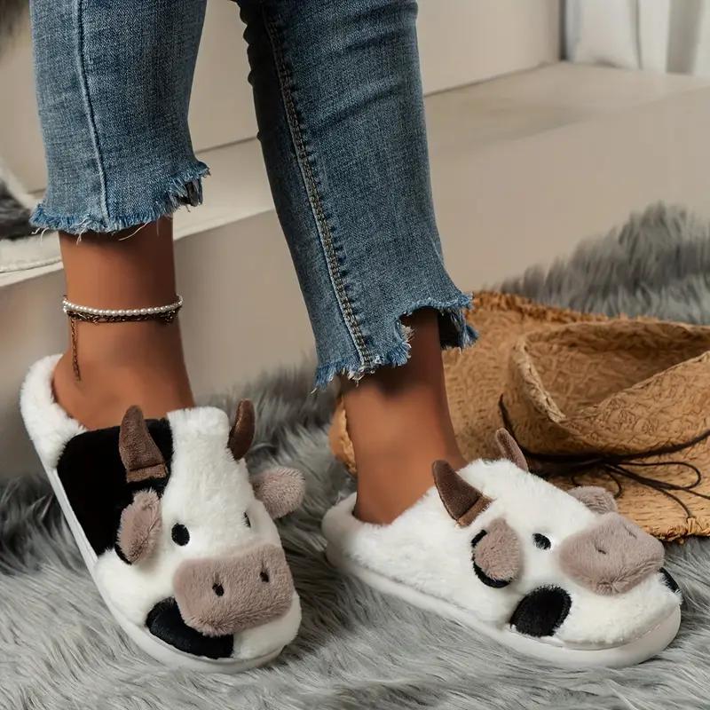 Slippers for Women,Cute Cow Fuzzy Novelty Slippers, Cozy & Warm Closed Toe Home Slippers, Comfortable Plush Bedroom Shoes