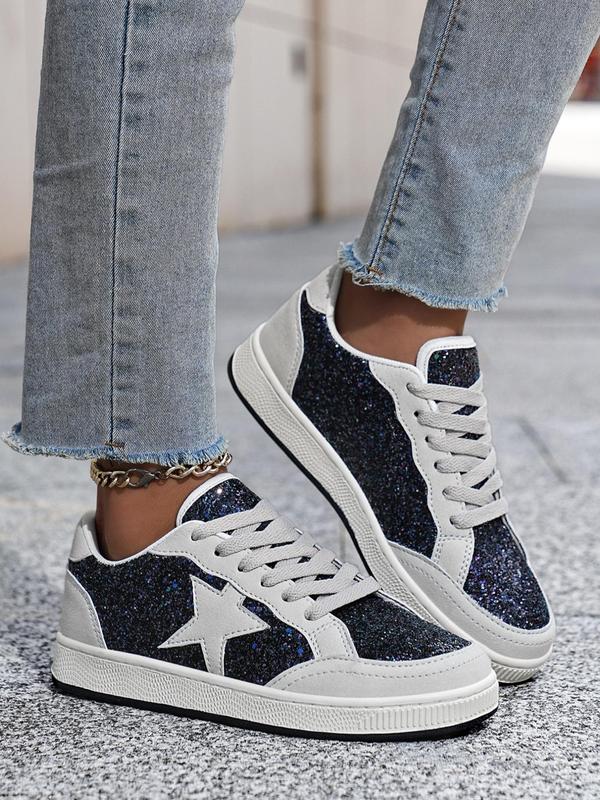 Women's Fashionable Star Pattern Sequin Design Lace Up Low Top Sneakers, Fall Casual Comfortable Round Toe Shoes for Women, Female Casual Sneakers for Daily Wear, for Fall Fall Shoes