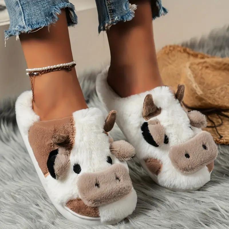 Slippers for Women,Cute Cow Fuzzy Novelty Slippers, Cozy & Warm Closed Toe Home Slippers, Comfortable Plush Bedroom Shoes