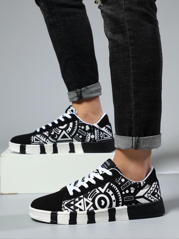 Geometric Pattern Low Top Mens Sneakers, Designer Sneakers, Casual Patchwork Design Lace Up Platform Sneakers, Platform All-match Shoes for Men for Daily Footwear for Fall Outfits & Fall Freshness, Grunge Shoes