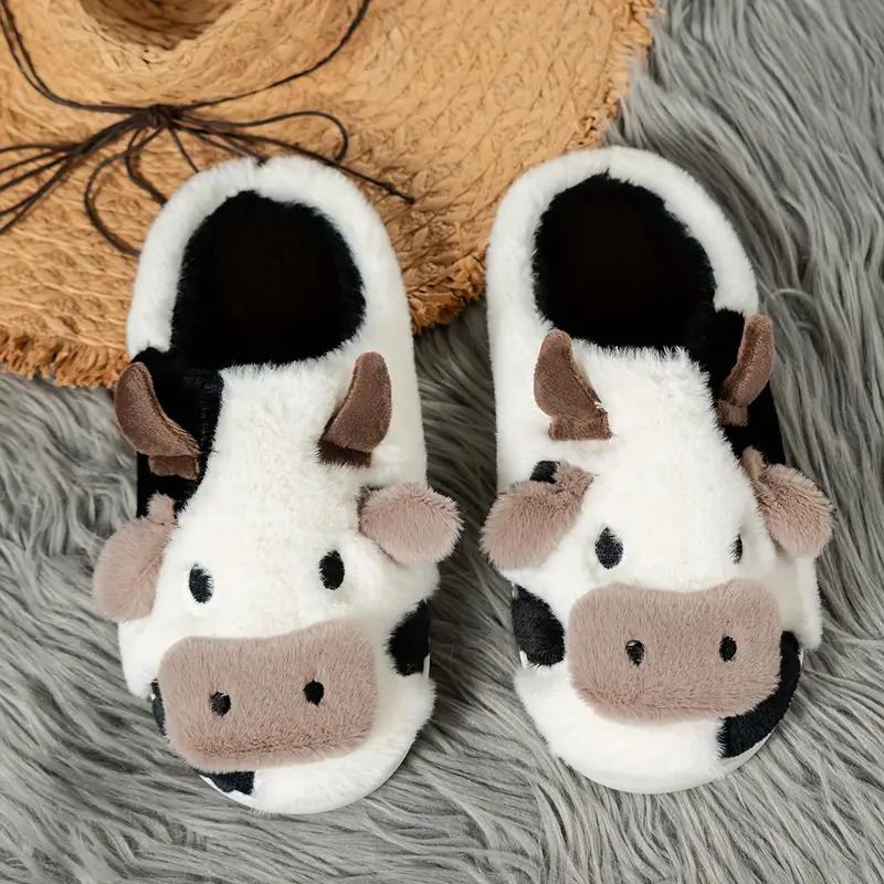 Slippers for Women,Cute Cow Fuzzy Novelty Slippers, Cozy & Warm Closed Toe Home Slippers, Comfortable Plush Bedroom Shoes