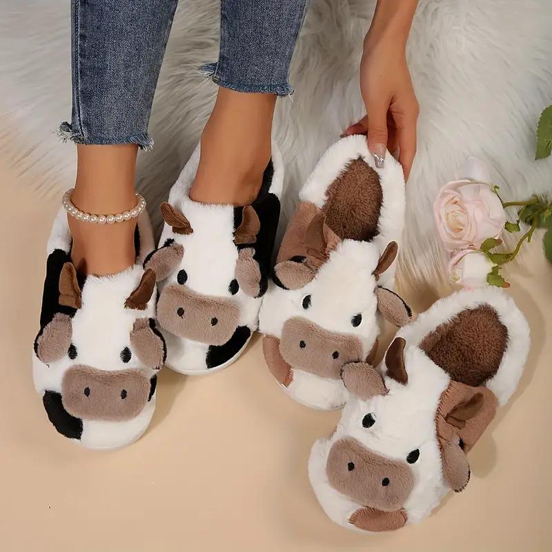 Slippers for Women,Cute Cow Fuzzy Novelty Slippers, Cozy & Warm Closed Toe Home Slippers, Comfortable Plush Bedroom Shoes