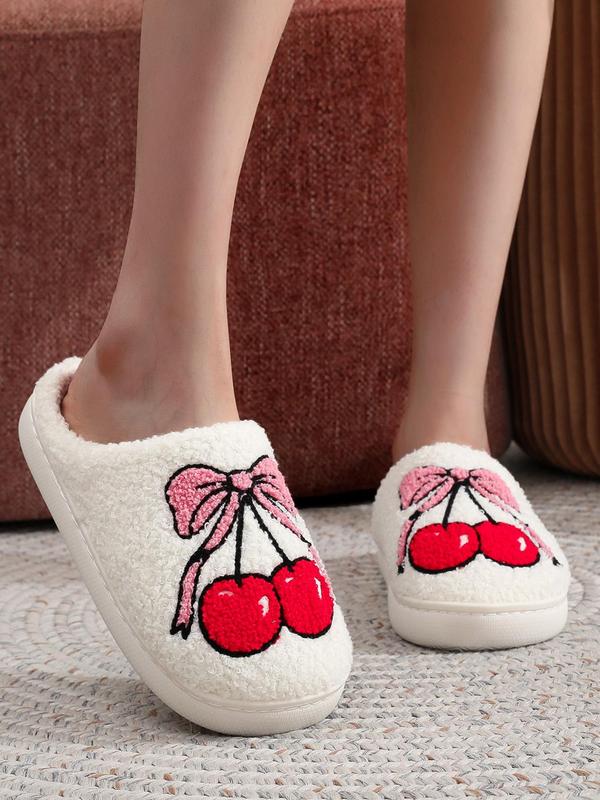 Women's Cute Bow & Cherry Pattern Plush Slippers, Casual Soft Comfortable Home Slippers, Warm Slippers for Indoor & Outdoor Use for Fall & Winter