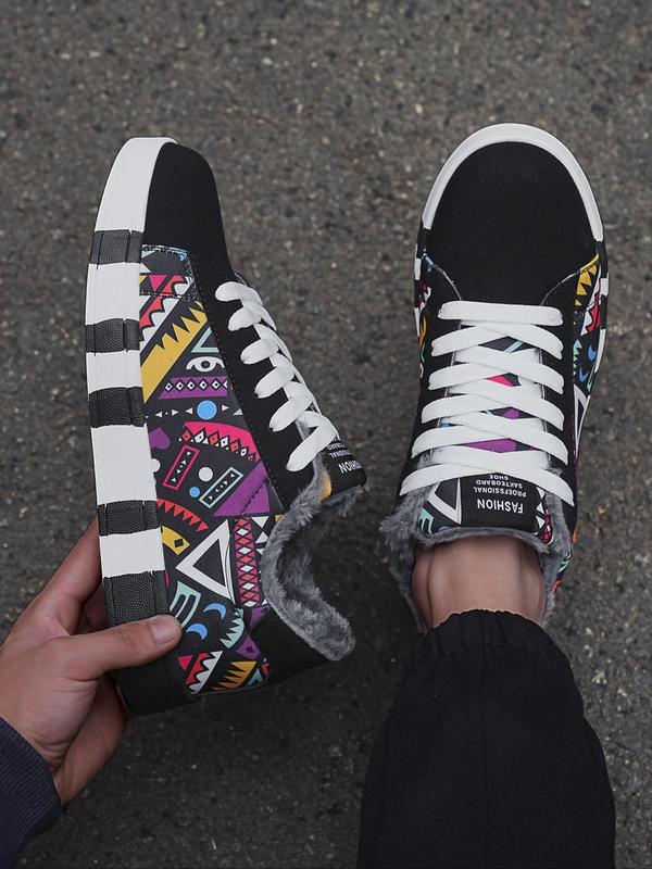 Geometric Pattern Low Top Mens Sneakers, Designer Sneakers, Casual Patchwork Design Lace Up Platform Sneakers, Platform All-match Shoes for Men for Daily Footwear for Fall Outfits & Fall Freshness, Grunge Shoes