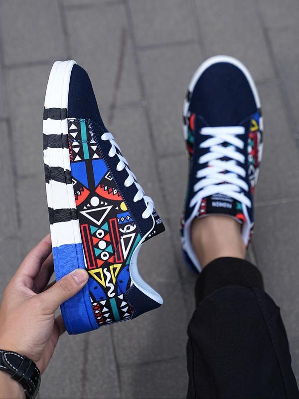 Geometric Pattern Low Top Mens Sneakers, Designer Sneakers, Casual Patchwork Design Lace Up Platform Sneakers, Platform All-match Shoes for Men for Daily Footwear for Fall Outfits & Fall Freshness, Grunge Shoes