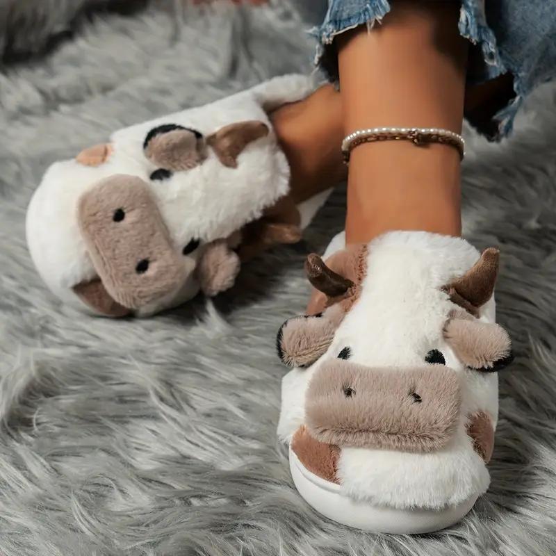 Slippers for Women,Cute Cow Fuzzy Novelty Slippers, Cozy & Warm Closed Toe Home Slippers, Comfortable Plush Bedroom Shoes