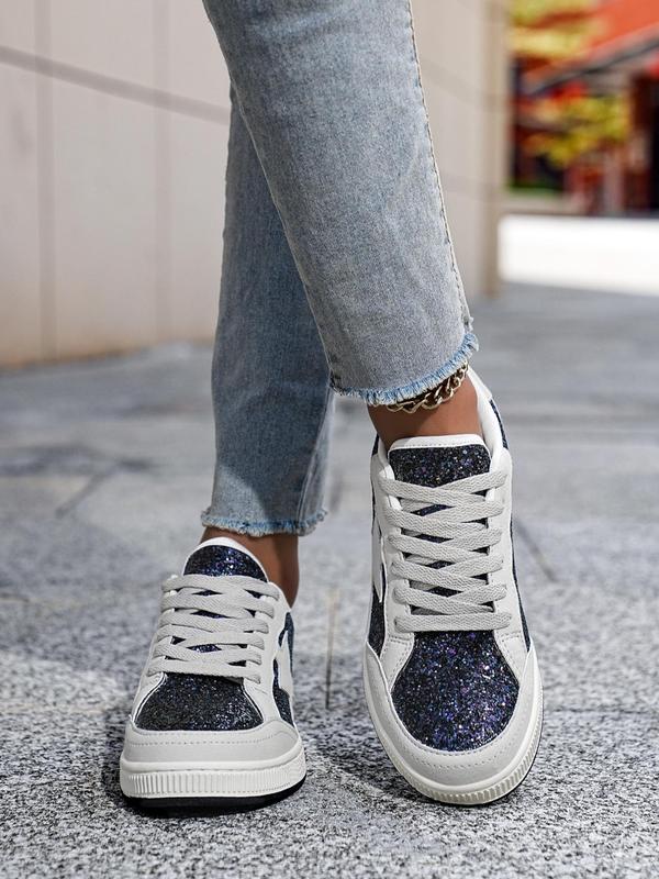 Women's Fashionable Star Pattern Sequin Design Lace Up Low Top Sneakers, Fall Casual Comfortable Round Toe Shoes for Women, Female Casual Sneakers for Daily Wear, for Fall Fall Shoes