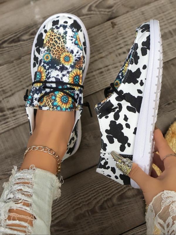 Women's Trendy Over Print Round Toe Slip-on Sneakers & Trainers, Fall Summer Cow & Floral & Leopard Pattern Sports Shoes, Girl Walking Shoes for Daily Footwear, Birthday Gifts