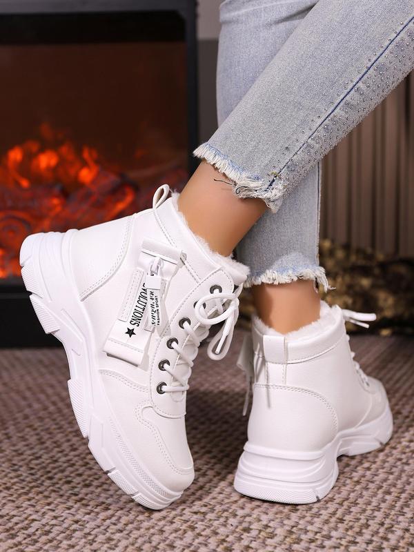 Women's Fashionable Lace Up Plush Lining Platform Boots, Casual Comfortable Warm Ankle Boots for Fall & Winter, Female All-match Trendy Shoes for Daily Wear