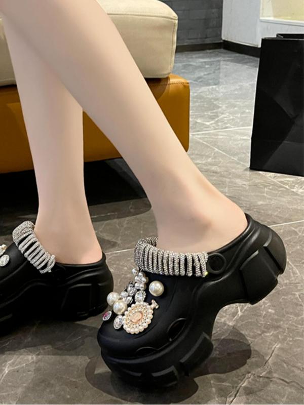 Women's Trendy Thick-soled High-heeled Clogs, Fashion Rhinestone & Faux Pearls Decorated Flower Design Clogs, Summer 2024 Casual Comfortable Home Slippers for Outdoor Wear