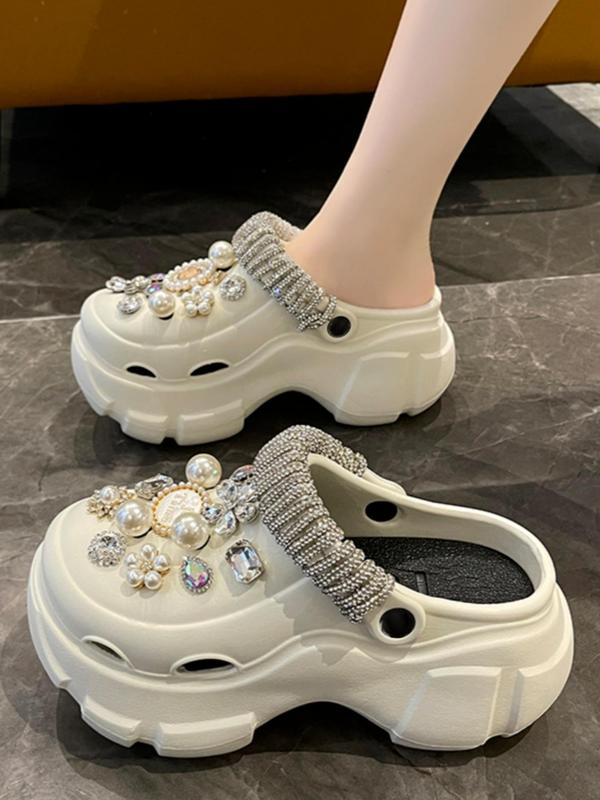 Women's Trendy Thick-soled High-heeled Clogs, Fashion Rhinestone & Faux Pearls Decorated Flower Design Clogs, Summer 2024 Casual Comfortable Home Slippers for Outdoor Wear