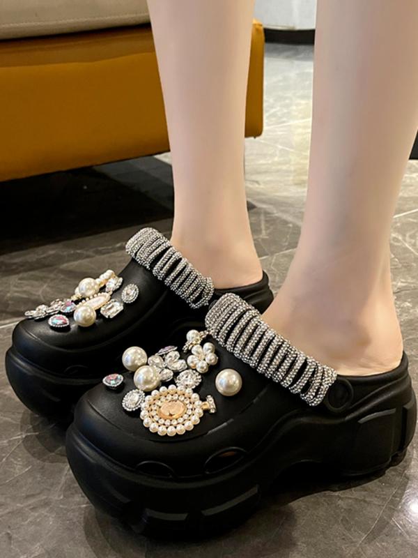 Women's Trendy Thick-soled High-heeled Clogs, Fashion Rhinestone & Faux Pearls Decorated Flower Design Clogs, Summer 2024 Casual Comfortable Home Slippers for Outdoor Wear