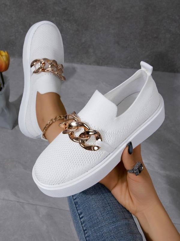 Women's Fashionable Chain Decorated Slip on Sneakers, 2024 New Style Casual Comfortable Breathable Sports Shoes, Female All-match Round Toe Shoes for Daily Wear