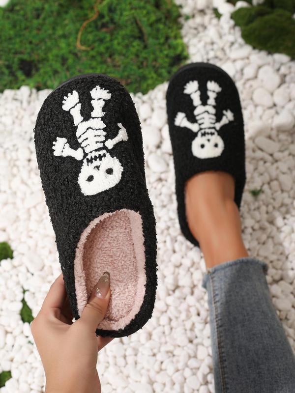 Men's Cartoon Skull Pattern Plush Slippers, 2024 New Style Casual Soft Comfortable Home Slippers, Warm Slippers for Indoor & Outdoor Use for Fall & Winter