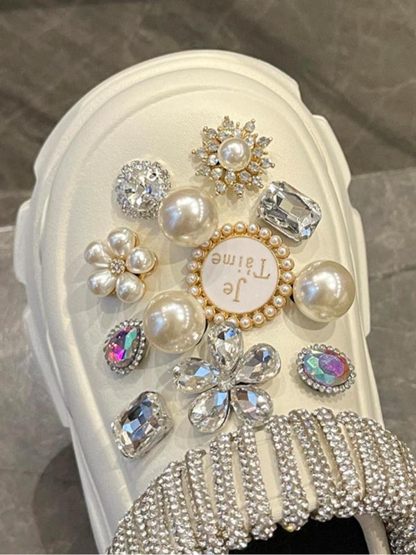 Women's Trendy Thick-soled High-heeled Clogs, Fashion Rhinestone & Faux Pearls Decorated Flower Design Clogs, Summer 2024 Casual Comfortable Home Slippers for Outdoor Wear