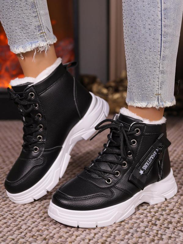 Women's Fashionable Lace Up Plush Lining Platform Boots, Casual Comfortable Warm Ankle Boots for Fall & Winter, Female All-match Trendy Shoes for Daily Wear