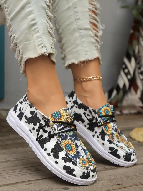 Women's Trendy Over Print Round Toe Slip-on Sneakers & Trainers, Fall Summer Cow & Floral & Leopard Pattern Sports Shoes, Girl Walking Shoes for Daily Footwear, Birthday Gifts