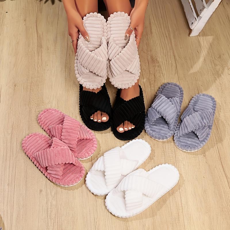 Women's Cozy Open Toe Slippers with Plush Fuzzy Crisscross Bands, Soft Fabric Upper and EVA Sole Indoor House Shoes