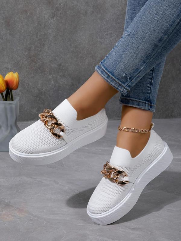 Women's Fashionable Chain Decorated Slip on Sneakers, 2024 New Style Casual Comfortable Breathable Sports Shoes, Female All-match Round Toe Shoes for Daily Wear