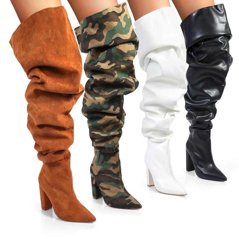 Over The Knee Wide Calf Slouchy Chunky Heel Boots