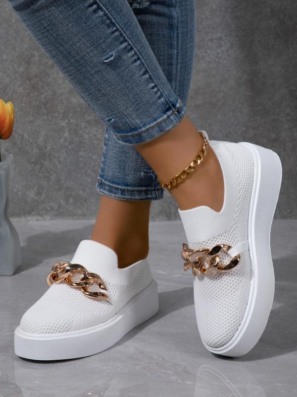 Women's Fashionable Chain Decorated Slip on Sneakers, 2024 New Style Casual Comfortable Breathable Sports Shoes, Female All-match Round Toe Shoes for Daily Wear