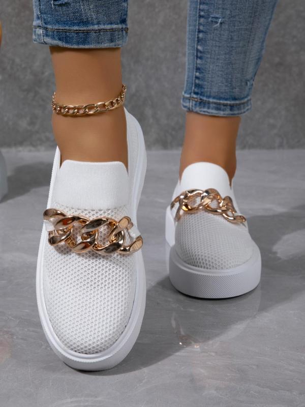 Women's Fashionable Chain Decorated Slip on Sneakers, 2024 New Style Casual Comfortable Breathable Sports Shoes, Female All-match Round Toe Shoes for Daily Wear