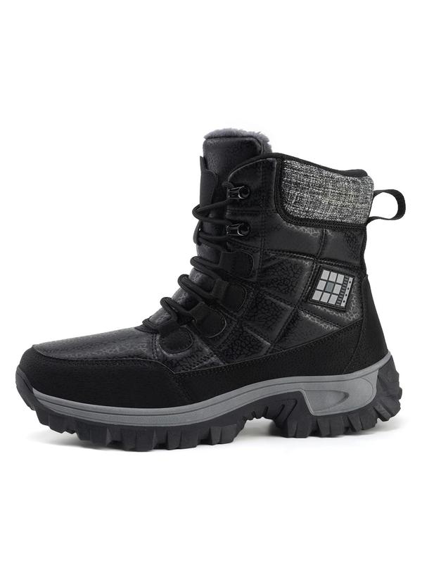 Men's Casual Patched Design Lace Up Snow Boots, Warm Plush Lined Mid-calf Boots for Fall & Winter, Male All-match Round Toe Shoes for Daily Wear