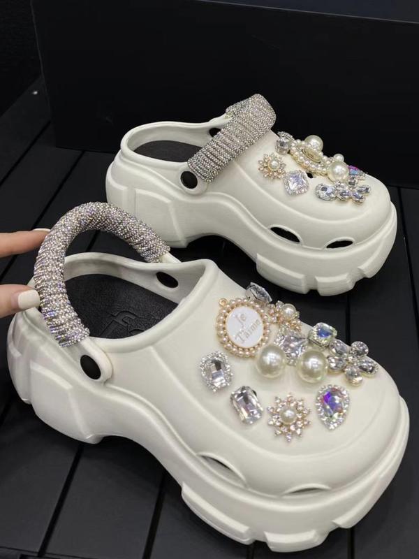 Women's Trendy Thick-soled High-heeled Clogs, Fashion Rhinestone & Faux Pearls Decorated Flower Design Clogs, Summer 2024 Casual Comfortable Home Slippers for Outdoor Wear