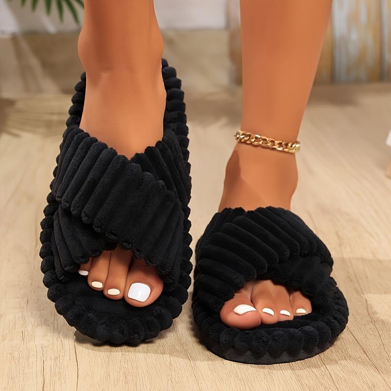 Women's Cozy Open Toe Slippers with Plush Fuzzy Crisscross Bands, Soft Fabric Upper and EVA Sole Indoor House Shoes