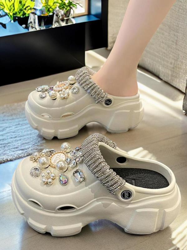 Women's Trendy Thick-soled High-heeled Clogs, Fashion Rhinestone & Faux Pearls Decorated Flower Design Clogs, Summer 2024 Casual Comfortable Home Slippers for Outdoor Wear